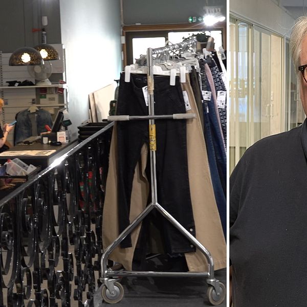 En bild från en klädbutik och en bild på  Jörgen Sköld, HR-chef för Lindra second hand.