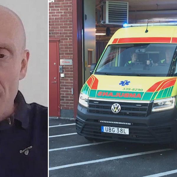 Johan Berlin professor på Högskolan Väst och en ambulans till höger i bild.