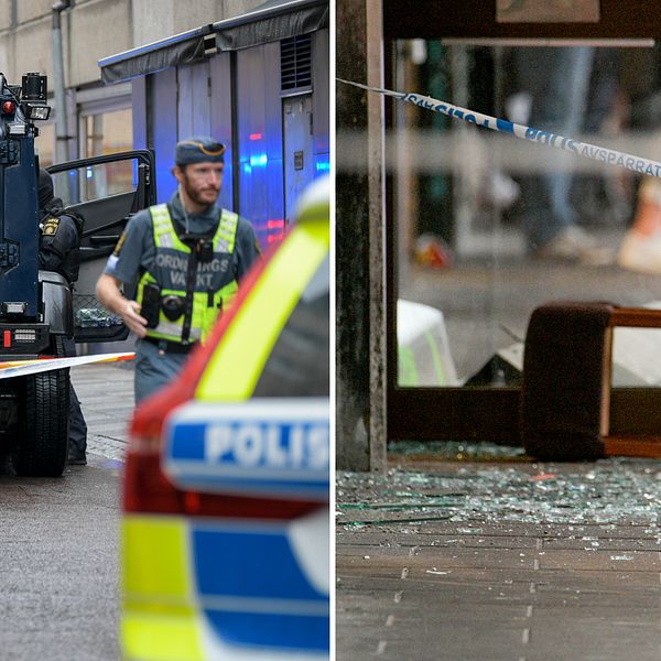 dubbelbild: bomskyddets svarta fordon med två uniformerade män framför + glassplitter och vält stol och polisband