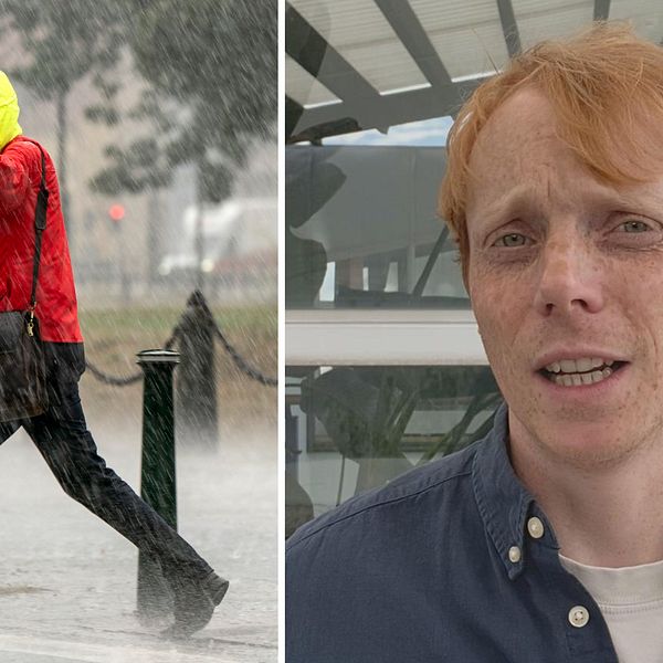 Splitbild med en person i kraftigt regn och SVT:s meteorolog Marcus Sjöstedt.