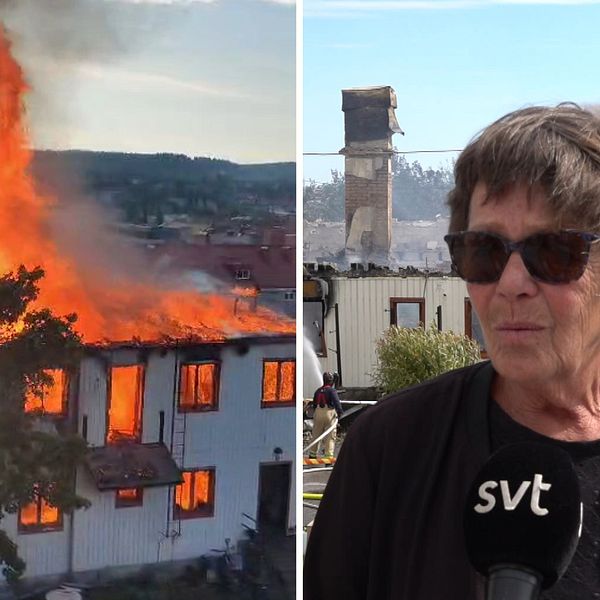 Bilden är ett montage. Till vänster syns en bild där eldlågor står ur ut ett vitt hus. Till höger syns Yvonne Järnankar, hon står utomhus och framför huset som har brunnit. Hon har en svart tröja på sig och solglasögon.