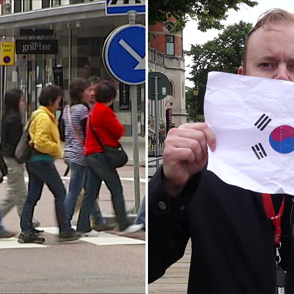Turister går på gatan, samt SVT:s reporter håller upp bild på