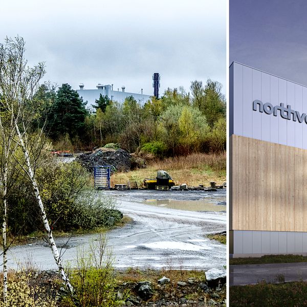 En bild på en slybevuxen mark där fabriken ska stå. och en bild på hur fabriken kan se ut när den är färdig.