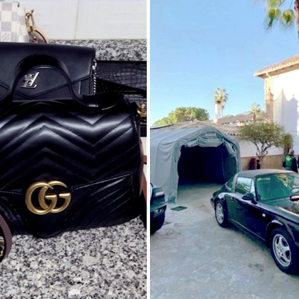 delad bild: några handväskor av dyra märken, samt en svart sportbil som vaktas av poliser, framför palmer och en fin stenbyggnad