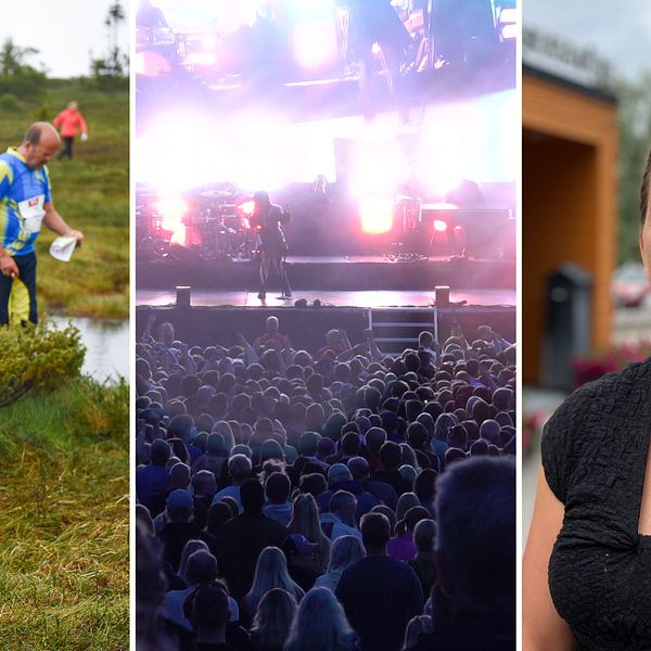 Kollage: Män som tävlar i O-ringen, publikhav från Storsjöyran 2022 och  Anna Granevärn, hälso- och sjukvårdsdirektör för Region Jämtland-Härjedalen.