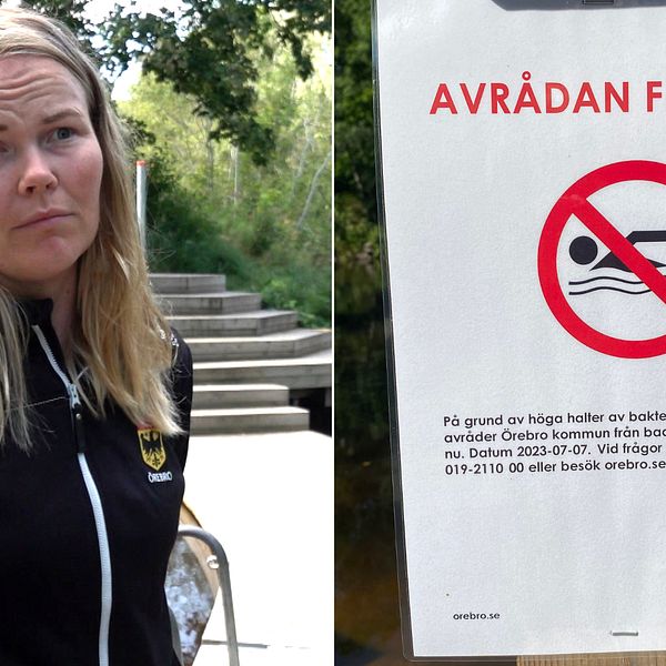 1: Malin Welén, planerare friluftsli, Örebro kommun, kvinna med svart jacka med Örebro kommun-logga står på brygga. 2: Skylt vid vattendrag märkt med ”Avrådan från bad” och en symbol bestående av en simmande gubbe i en förbudsskylt