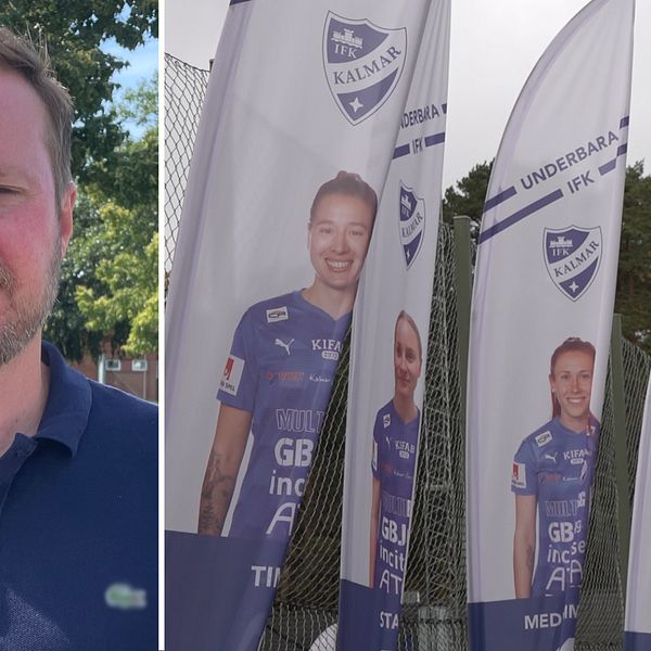Ordförande IFK Kalmar Henrik Rosvall. Flaggor med bilder på spelare från damlaget.
