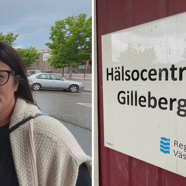 Bilden är ett montage. Till vänster syns Sanna Brink, hon står utomhus och har en ljus tröja på sig, hon har glasögon. Till höger syns en skylt där det står ”Hälsocentralen Gilleberget”.