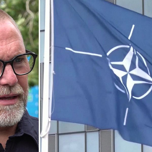 Anders Wennerberg, kommundirektör i Östesund, pratar och bredvid honom i en annan bild syns försvarsalliansen Natos flagga på en flaggstång.