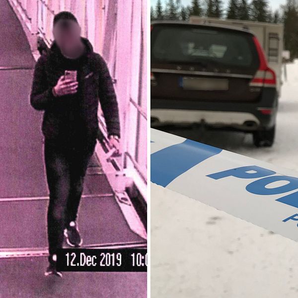Bilden är ett montage. Till vänster syns en övervakningsbild från Arlanda, där syns två män gå. Till höger syns en bild med polisens avspärrningstejp, i bakgrunden syns en polisbil och en svart bil.