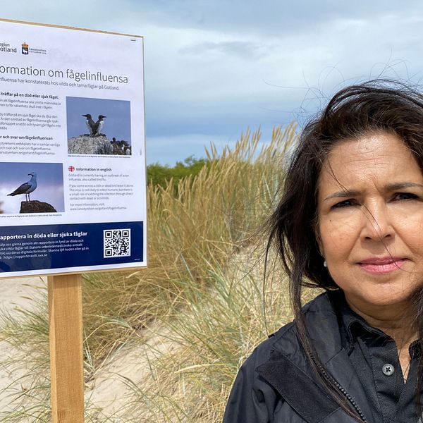 Sonia Lopes  vid en varningsskylt på en strand.