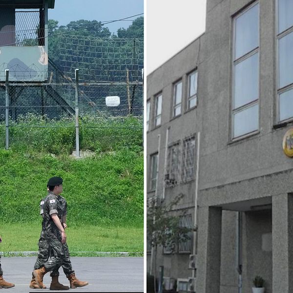 Sydkorea vid gränsen till Nordkorea och till höger en bild på Sveriges ambassad i Nordkorea.