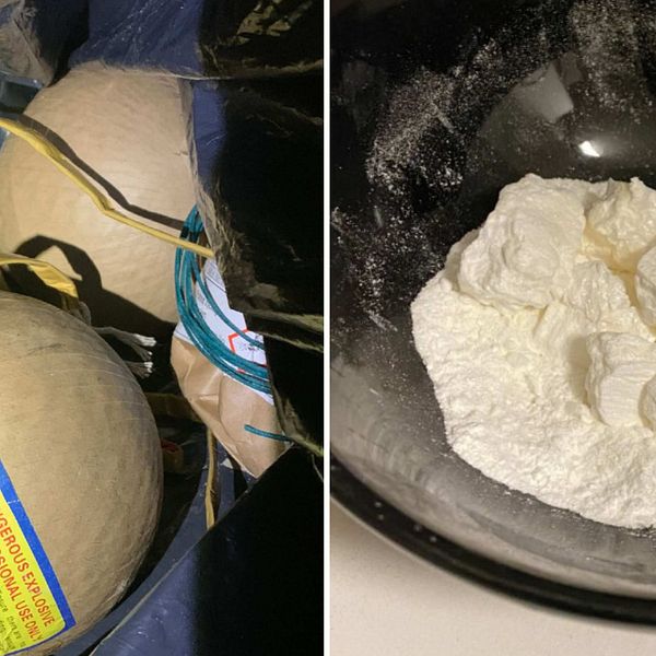 Bilden är delad i två. Båda bilderna är tagna ur  polisens förundersökningsprotokoll. Den vänstra föreställer krysantemumbomber och den högra en skål med misstänkt kokain.
