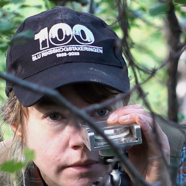 En kvinnlig forskare tar kompassrikning i skogen