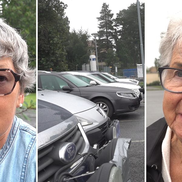 Bilden är en splittbild bestående av tre bilder. Till vänster står en kvinna med mörkgrått hår, hon har tonade solglasögon och jeansjacka. I mitten en bild på bilar på en parkering. Till höger en kvinna med ljusgrått hår och kort frisyr, hon har gråsvarta glasögon och örhängen. Båda kvinnorna i bildmontaget ser fundersamma ut.