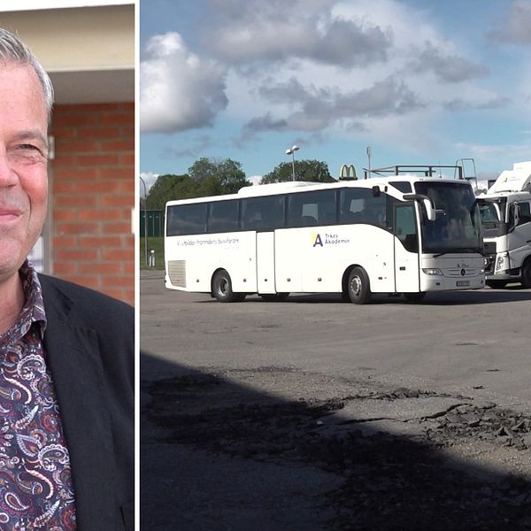 Till vänster står Kjell Andersson rektor för vuxenutbildningen. Till höger ser man en elev som gör en säkerhetskontroll av bussen.
