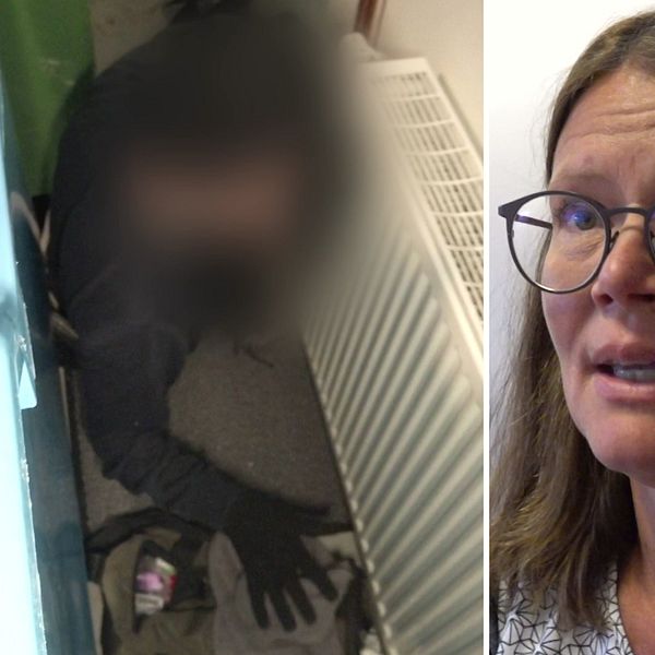 Till vänster: Bild på hemlös person som bäddar bakom sopkärl i Skellefteå. Till höger: Jenny Åkerlund, kvinna i 50-årsåldern med brunt hår och glasögon.