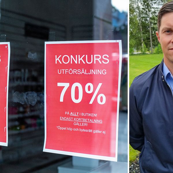 Till vänster: Bild på konkursskyltar på ett fönster till en butik. Till höger: Porträttbild på Jonas Nordin, Företagarnas regionchef i Västerbotten. Han har brunt kort hår och är i 40-årsåldern, fotograferad med grönska i bakgrunden.