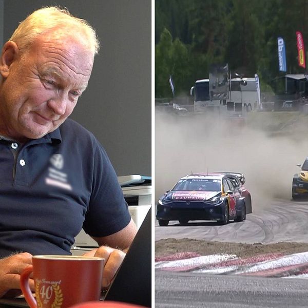 En man (Tommy Kristoffersson, teamchef för Team KMS) sitter framför en dator delad bild med rallybilar