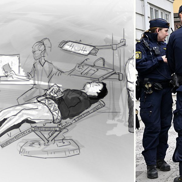 Tecknad illustration på morddömde 17-åringen som fritogs i Södertälje. Han sitter fängslad i händer och rund midjan, sitter i en tandläkarstol på besök hos tandläkaren där han fritogs.