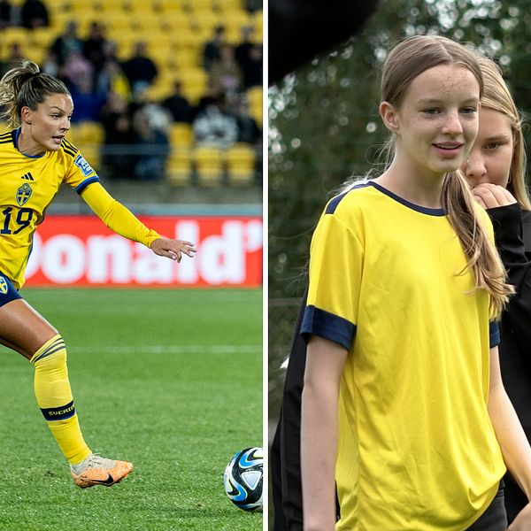 Ett collage med fotbollsspelaren Johanna Rytting Kaneryd till vänster och fotbollsspelande ungdomar till höger.