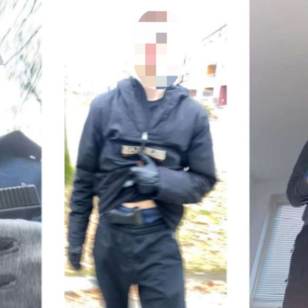 Tre män som poserar med vapen, en Glock. Ansiktena är blurrade.