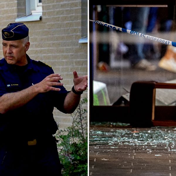 En polisman står och berättar något för svts journalist, delad bild med en bild på avspärrningar, glassplitter från en explosion i Göteborg.