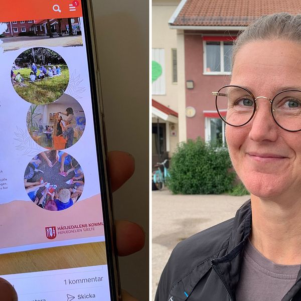 En bild på en mobilskärm som visar en annons i sociala medier. Till höger läraren Therese Jonsson som tittar in i kameran.