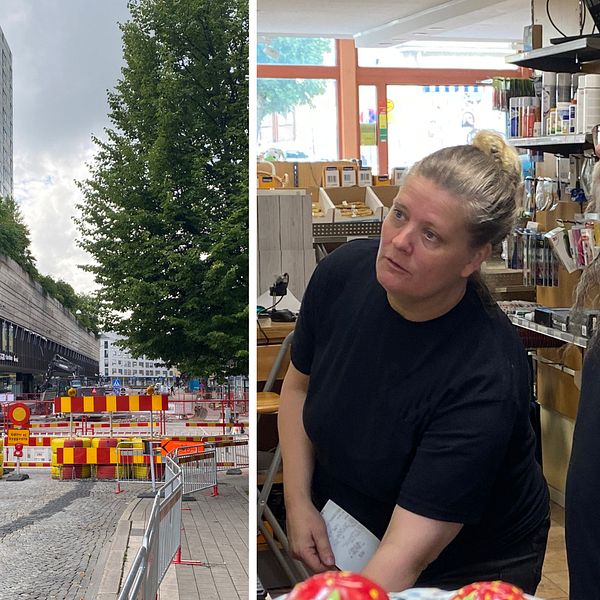 Bild väsar på avspärrningar på Rudbecksgatan, delad bild på två personer med svarta tröjor (Lotta Ek och Stefan Axelsson driver en zoobutik) som står inne i en affär.