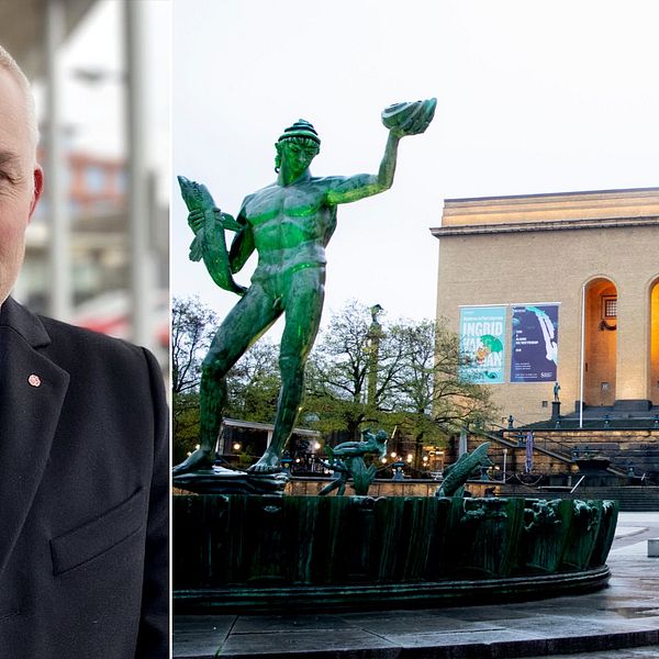 Jonas Attenius (S) står på ena sidan av bilden. På andra sidan syns en staty och Göteborgs konstmuseum.