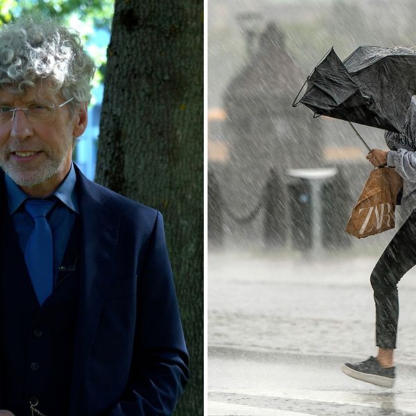 SVT:s meteorolog Pererik Åberg bredvid bild på person som springer i regn med söndrigt paraply.