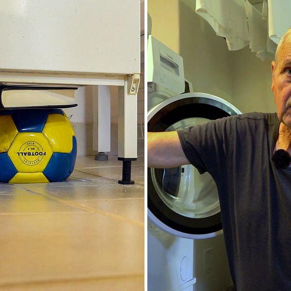 En fotboll och en bok nedtryckt i en golvbrunn, delad bid med en man i t-shirt som är Jan Mattiasson