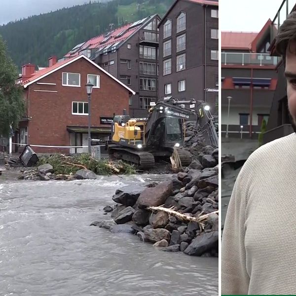 Bilder från vattenmassor i centrala Åre och en bild på en man med mörkt skägg.