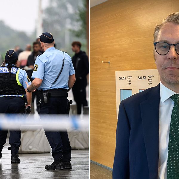 Till vänster: poliser och besökare utanför köpcentret Emporia efter att ett mord skett i augusti 2022. Till höger: försvarsadvokat Johan Fernvall i Malmö tingsrätt.
