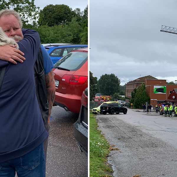 Kollage där en man och en kvinna kramas till vänster i bild, till höger i bild fordon från räddningstjänst och ambulans.
