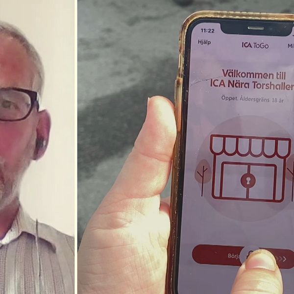 En bild på Pär Bygdeson, en man med ljus hår och skägg med glasögon och en telefon med Ica:s ToGo-app.