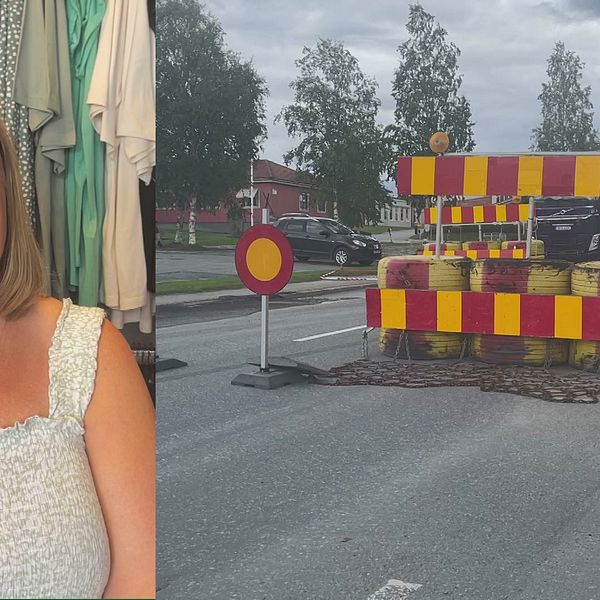 Delad bild. Till vänster står en kvinna i klänning och glasögon. Till höger syns en stor avstängning vid E45 i Dorotea.