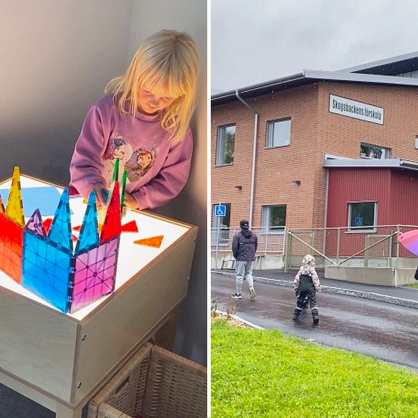 Skogsbackens förskola i Ånge. Barn som leker med färgglada klossar.