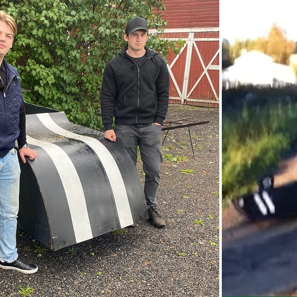 Till vänster står två killar framför en lådbil som är svart med vita ränder på. Killarna har varsin hand på bilen och tittar i kameran. Till hger är ett urklipp från ett youtube-klipp där en lådbil åker ner för en backe och kraschar.