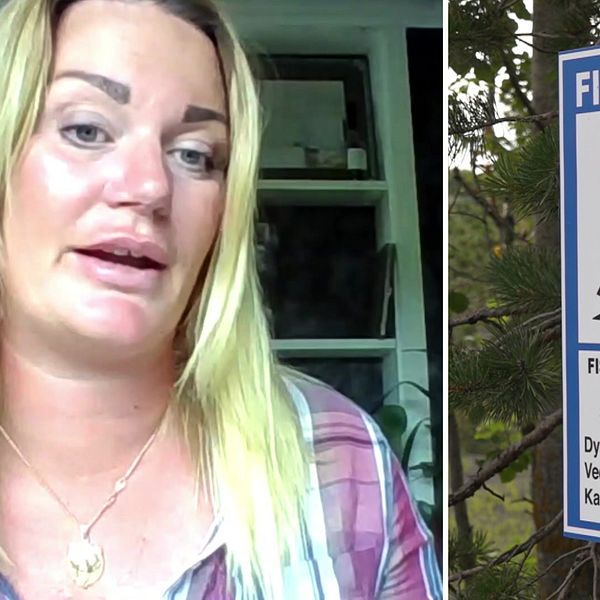 Till vänster en bild på Jessica Dolk som jobbar på organisationen Sportfiskarna. Till höger en bild på en fiskekort-skylt.