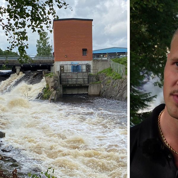 dubbelbild: forsande vatten vid Dalkarlshyttan i Lindesberg / porträtt på kortklippt man med piké, guldlänk och mustasch