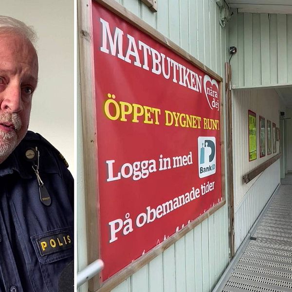 Polisen Bosse Nordquist och en bild på Nära dej-butiken i Mjällom.
