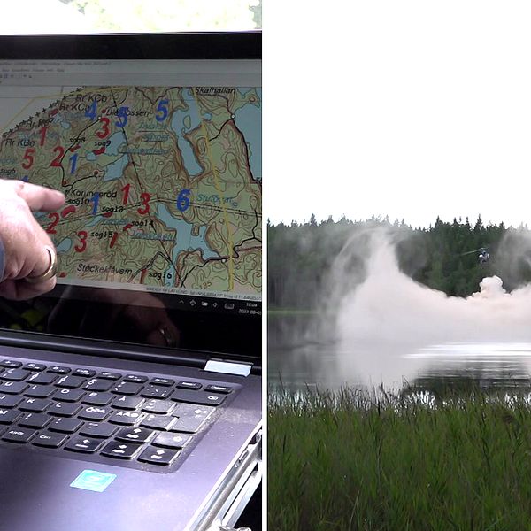 Tvådelad bild: En person pekar på en karta över sjöar i Västra Götaland som ska kalkas samt en helikopter släpper kalk över en sjö.