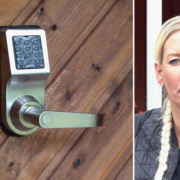 Delad bild. Till vänster en dörr på en campingstuga med ett kodlås. Till höger en blond kvinna med långt hår i fläta. Hon har svart täckjacka.