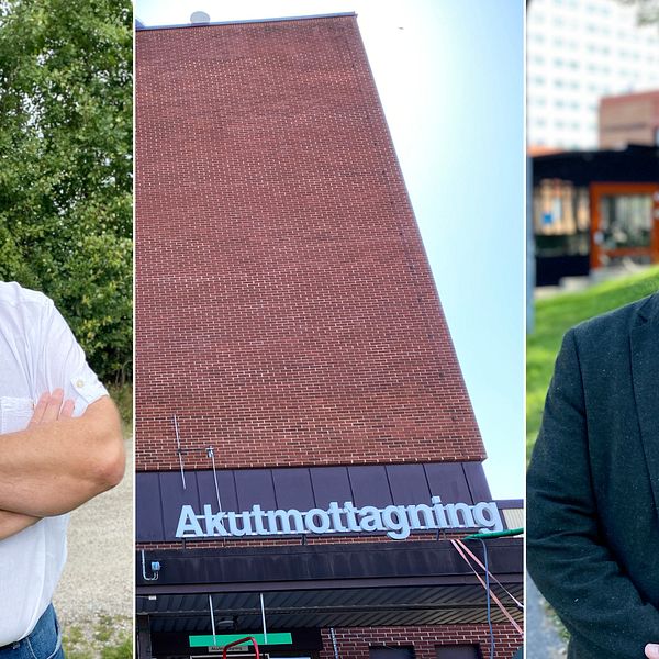 Tredelad bild med man i vit skjorta framför grönskande träd, fasaden till akutmottagningen i Karlskrona och man i blå kavaj framför sjukhuset i Karlshamn. Männen heter Magnus Johansson, som är socialdemokratisk regionpolitiker, och Björn Tenland Nurhadi, som är sverigedemokratisk regionpolitiker.