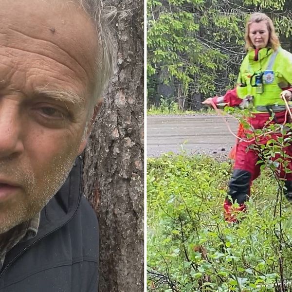 Reporter Berno Jonsson och en räddningshund som söker