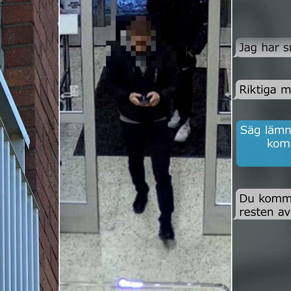 balkong/Man blurfrad som går in i matbutik/ chattkonversation