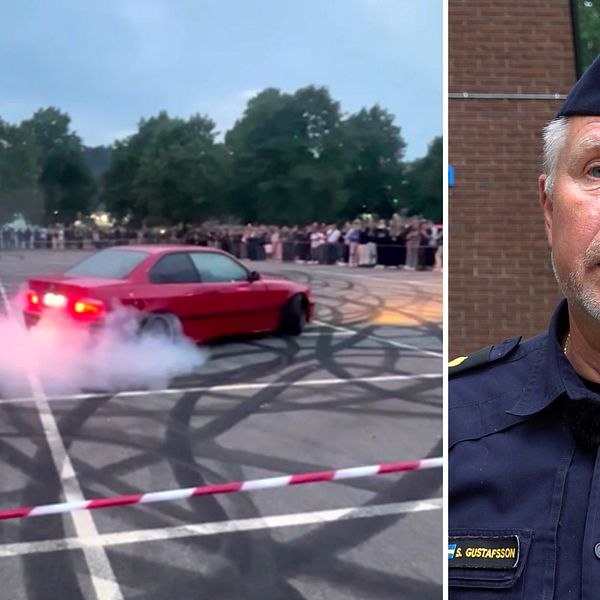 Dubbelbild: röd bild som gör burnouts på en parkeringsplats full av däckmärken och rök / polisman i uniform