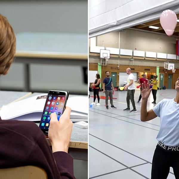 Lärare som ska fortbildas är i en gymnastikhall och gör övningar som bland annat involverar ballonger.