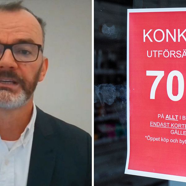 man på länk och skylt om koinkurs